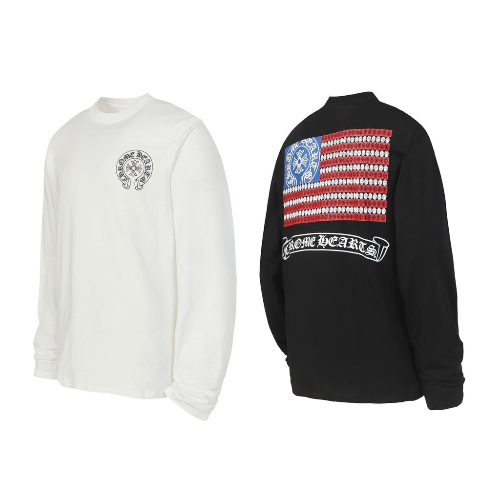 Chrome-Hearts Logo Flag Long Sleeve Tee - Black White Gothic Street T-Shirt K2126