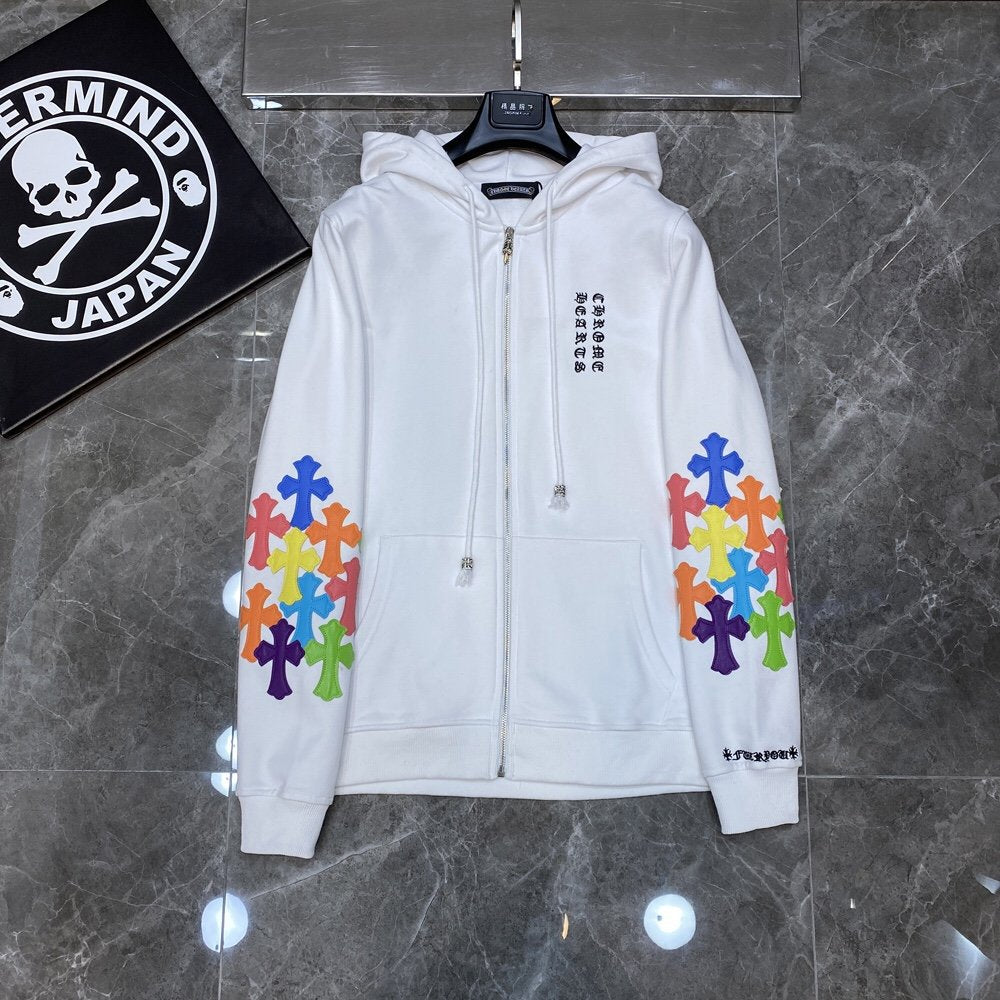 CHH Chrome Heart Hoodie Crowe Double Arm Embroidered Colored Cross Group Leather Zip Sweater