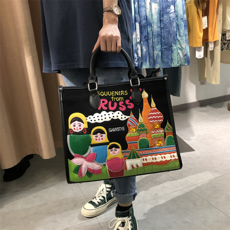 Chh Chrome Heart Leather Bag Splicing Embroidered Tote Bag