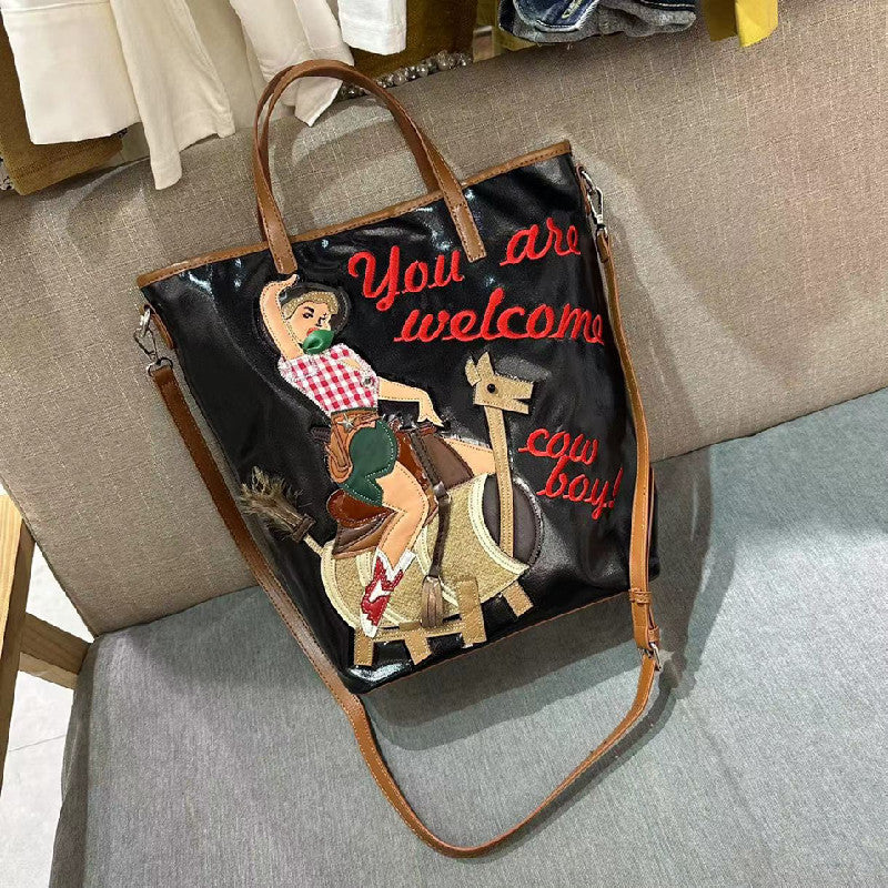 Chh Chrome Heart Leather Bag Embroidered Cartoon Tote Bag