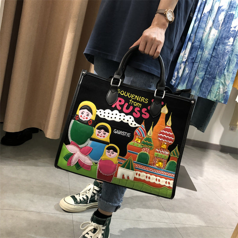 Chh Chrome Heart Leather Bag Splicing Embroidered Tote Bag